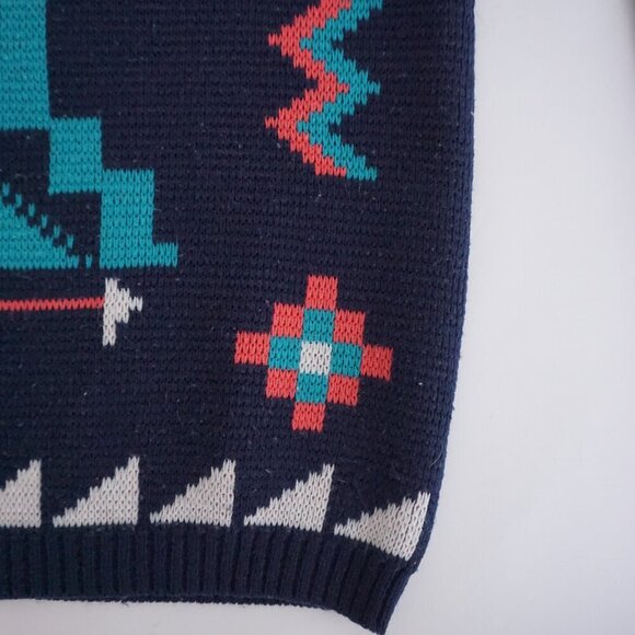 Vintage '80s B.E-Z Navy Teal Aztec Biggie Cosby Chunky Knit Crewneck Sweater L - Picture 5 of 9